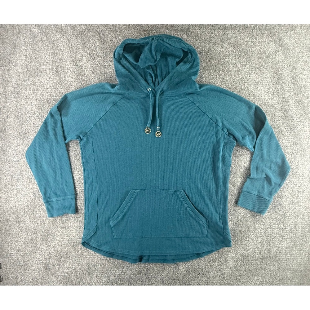 Michael Kors Womens Teal Blue Waffle Knit Hoodie MK Logo Gold Hardware Pullover